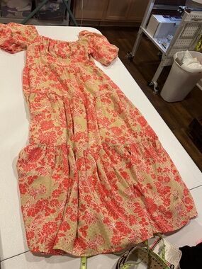 Floral Puff Sleeve Tiered Maxi Dress - Coral & Cream